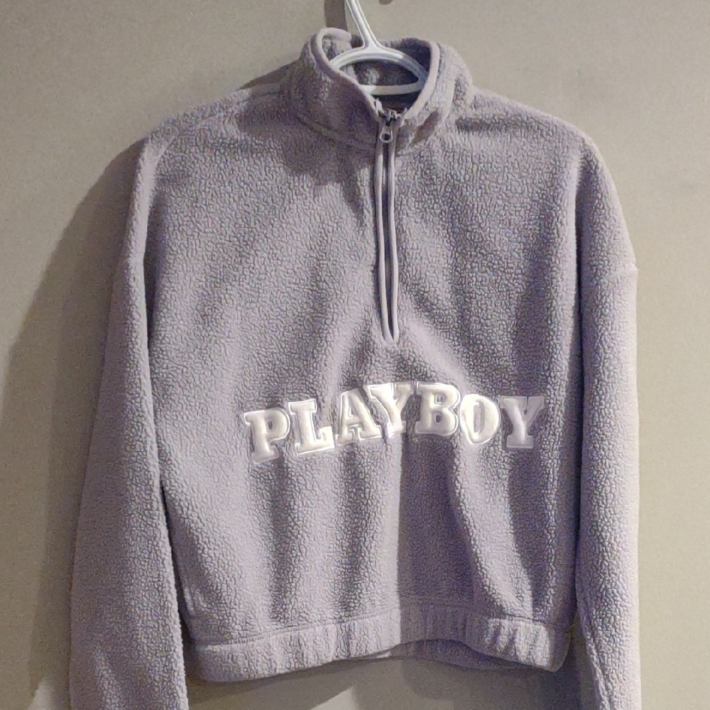 Y2K Pacsun Playboy Light Gray Crop Fleece‎ quarter Zip Pullover
